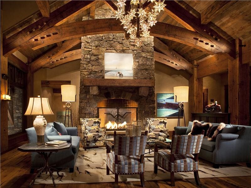 living room with vaulted ceilings