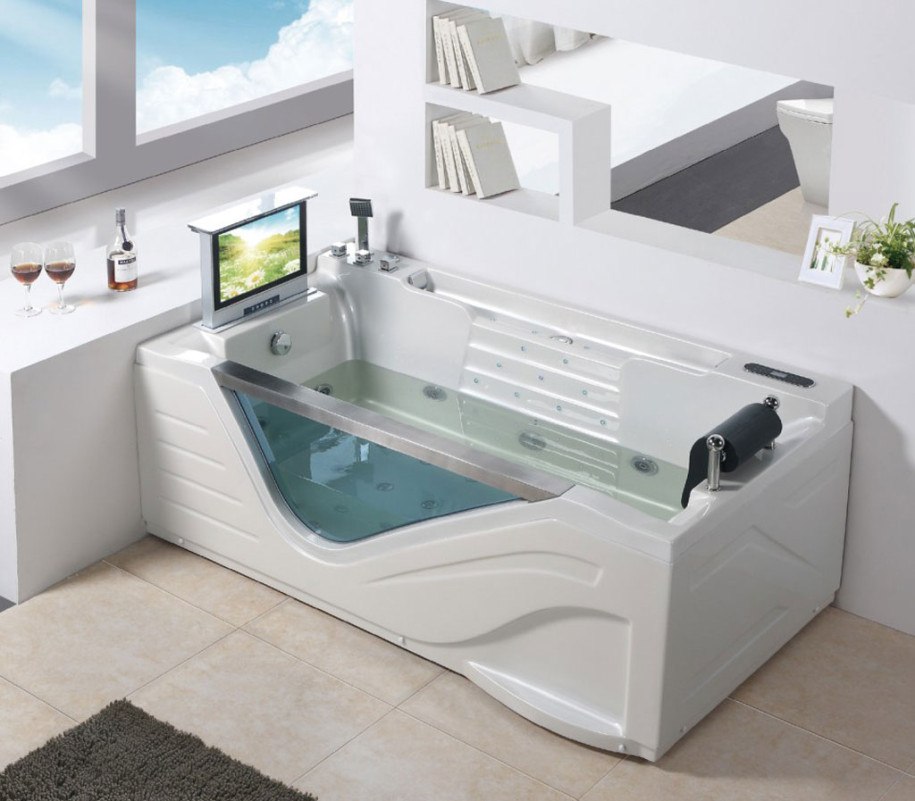 amazing-modern-white-massage-bathtub-with-lcd-tv-and-plants-in-pots-also-ceramic-tile-decor-915x801