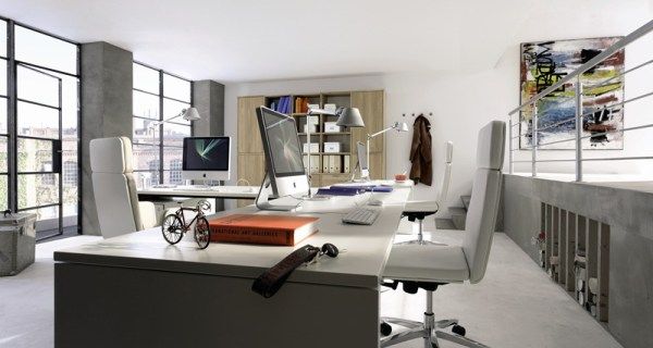 cool-designs-of-2-person-desk-for-home-office-plans-with-white-chairs-computer-unit-table-lamp-book-shelves-iron-railling-firewood-storage-gray-windows-frames-wall-art-gallery