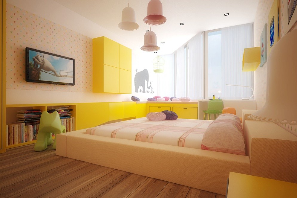 soft-color-room-ideas-for-kid-with-soft-color-bed-beside-yellow-cabinet-plus-yellow-floating-shelve-also-bell-shaped-hanging-lamp