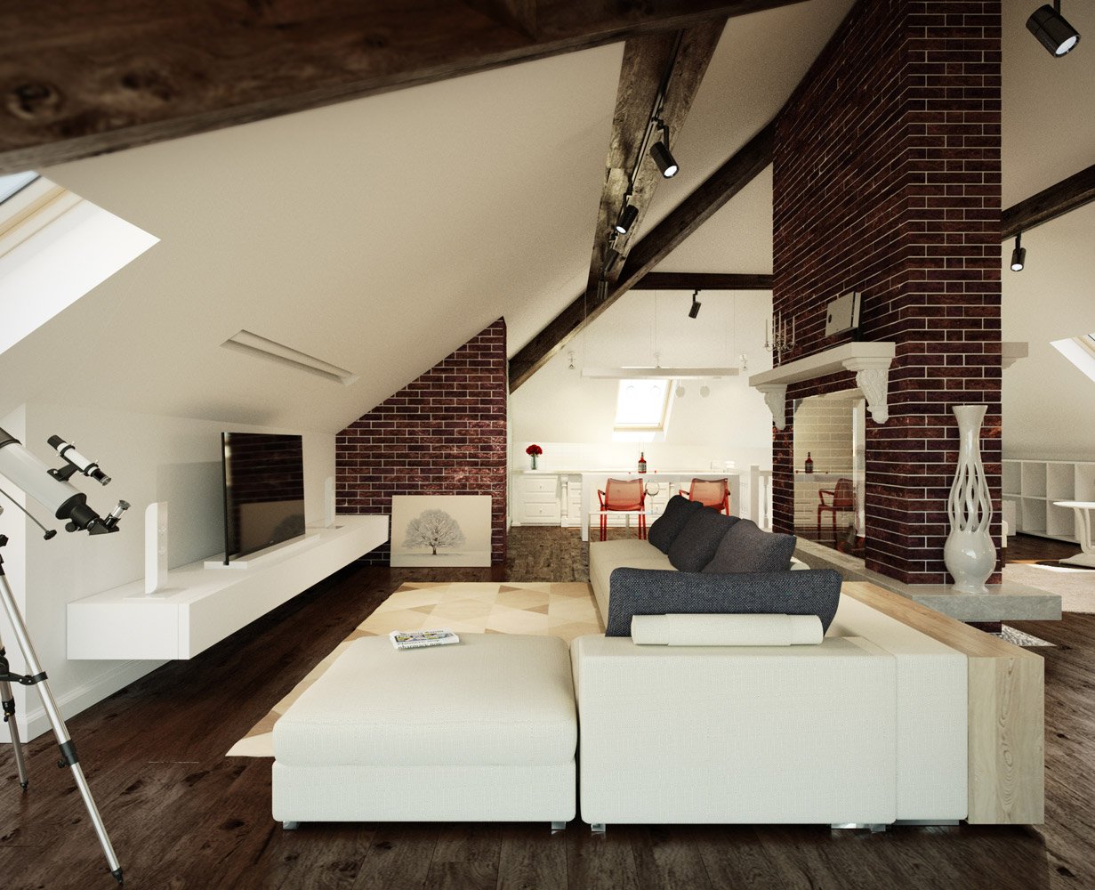 spacious-attic-room-with-white-sloping-ceiling-supported-with-wood-beams-also-white-walls-cool-brick-walls-leaning-painting-floating-tv-stand-comfortable-sofa-white-ottoman-rug-and-wood-floor-also-a-telescope