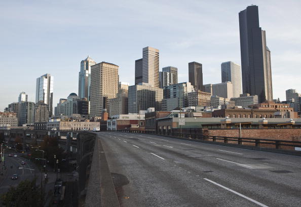 The Alaskan Way Viaduct winds past downtown Seattle