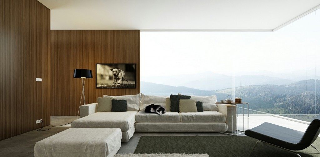 amazing-modern-living-room-with-beautiful-nature-view-design-ideas-large-glass-window-white-l-shaped-sofa-gray-cushion-white-cushion-brown-laminated-wooden-wall-black-modern-standing-lamp-gray-laminat