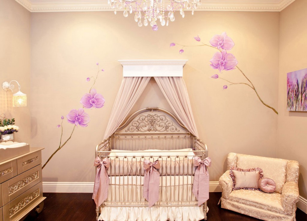 baby-room-stunning-beige-baby-girl-nursery-room-with-vintage-style-metal-material-baby-crib-complete-with-the-canopy-also-sweet-purple-flower-wall-decal-decorating-also-gold-scheme-wood-vanity-furnitu