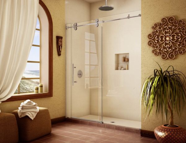 elegant-shower-space-covered-by-transparent-glass-wall-and-door-featured-with-rain-head-shower-unit-and-built-in-shelf