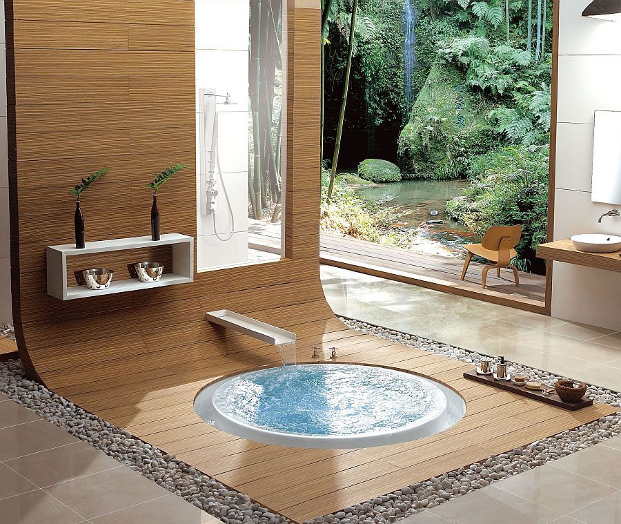 fantastic-relaxing-bathroom-desin-with-uique-circle-soaking-bathtub-decor-wooden-decking-stone-ornament-plus-amazing-outdoor-view-with-waterfall-ideas