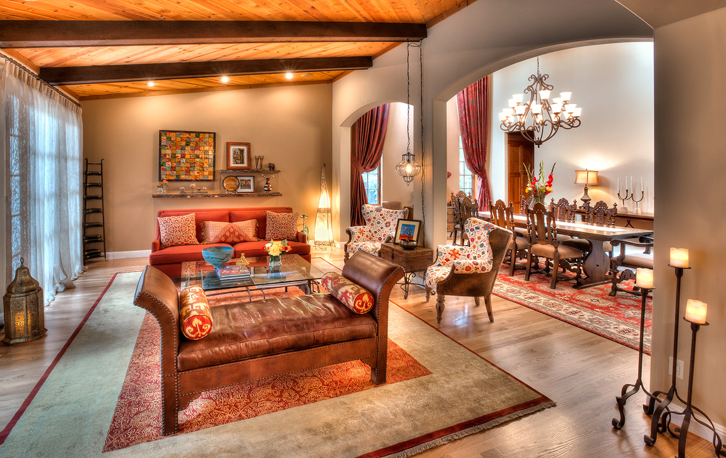 living-room-glamorous-french-indoor-outdoor-living-space-with-glittering-lignting-on-the-dark-creamy-wooden-ceiling-nice-pine-wood-trim-on-the-ceiling-curved-room-design-with-brown-wooden-floor-nic