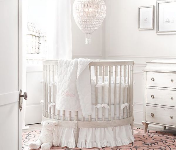 lovely-bright-white-baby-nursery-with-white-round-crib-and-crystal-lamp-with-white-drawers-for-amazing-white-round-crib-baby-nursery