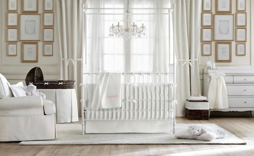 neutral-baby-nursery-with-white-metal-crib-design-combined-by-awesome-wooden-floor-and-paintings-on-white-wall-plus-existed-white-curtain