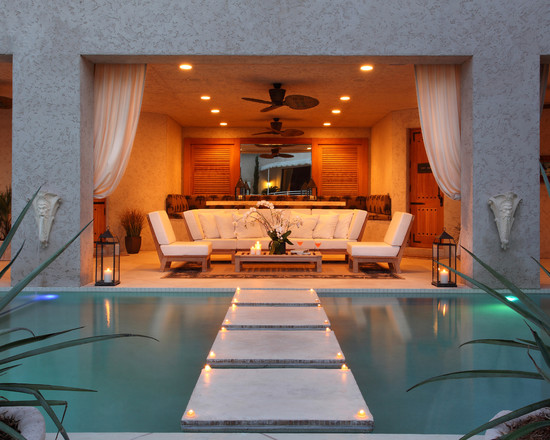 outdoor-living-spaces-with-beautiful-pool-and-ceiling-fans-lighting-ideas