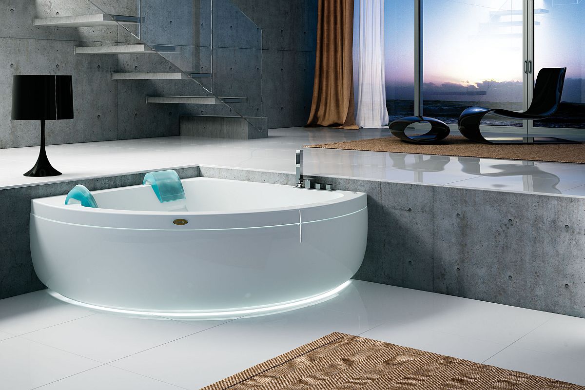 quarter-circle-white-elegant-design-marble-cool-corner-hot-tub-square-white-glossy-minimalist-concept-ceramic-floor-abstract-design-black-futuristic-chair-with-footstool-glass-floating-stair-balustra