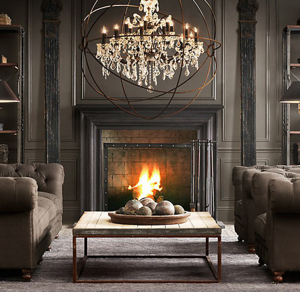 traditional-fireplace-fun-ash-facts-with-great-chandelier-and-grey-sofa-with-luxury-design-combined-with-minimalist-classic-decoration-ideas