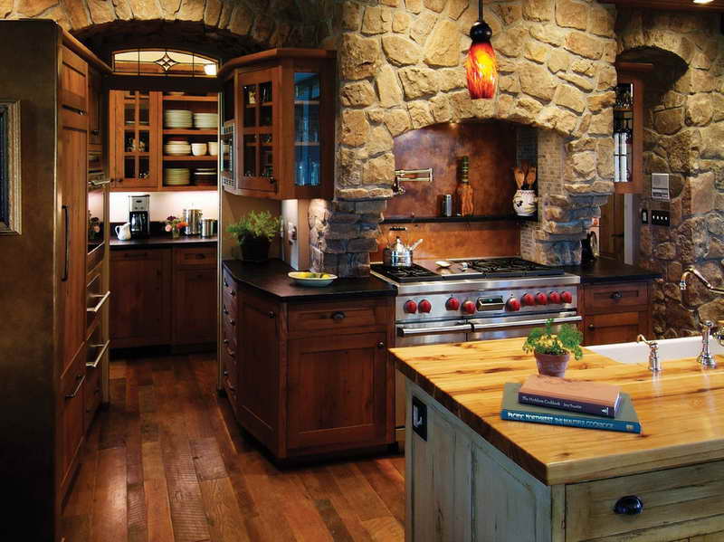 Antique-Kitchen-Island-Ideas-with-stone-wall