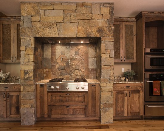 Fascinating Kitchen Designs for Mountain Homes Stone Wall Wooden Cabinet