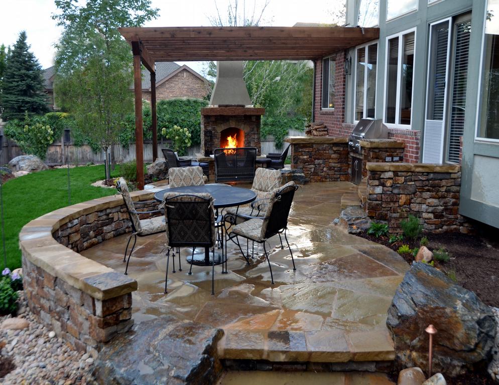 Flagstone Patio with Stone Fireplace and Outdoor Kitchen_full