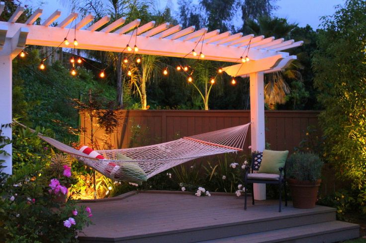 Backyard hammock with hanging lights