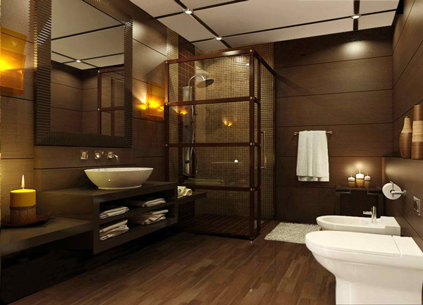 Dark brown bathroom with large mirror