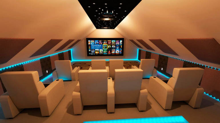 cool home theater with blue lighting