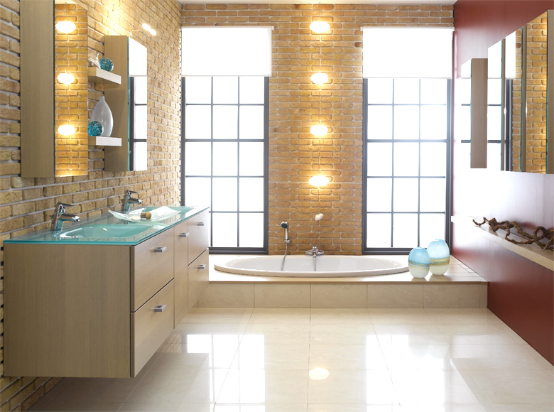 modern bathroom with red accent wall