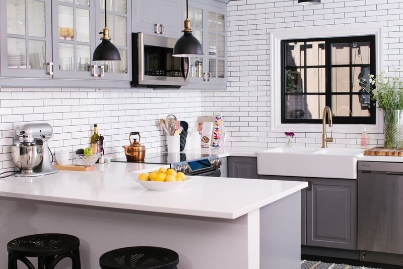 kitchen with two tiled walls