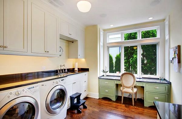 Bright modern laundry room with desk