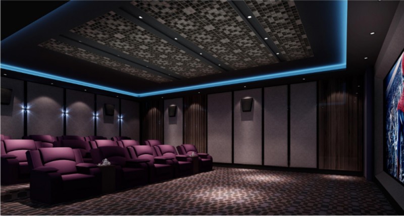 home theater with purple seats