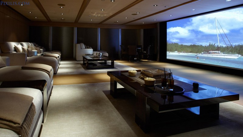 basement home theater with large screen