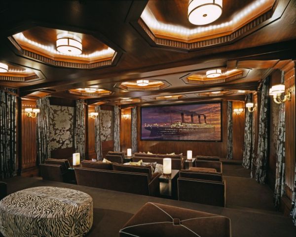 modern home theater with large plush seats