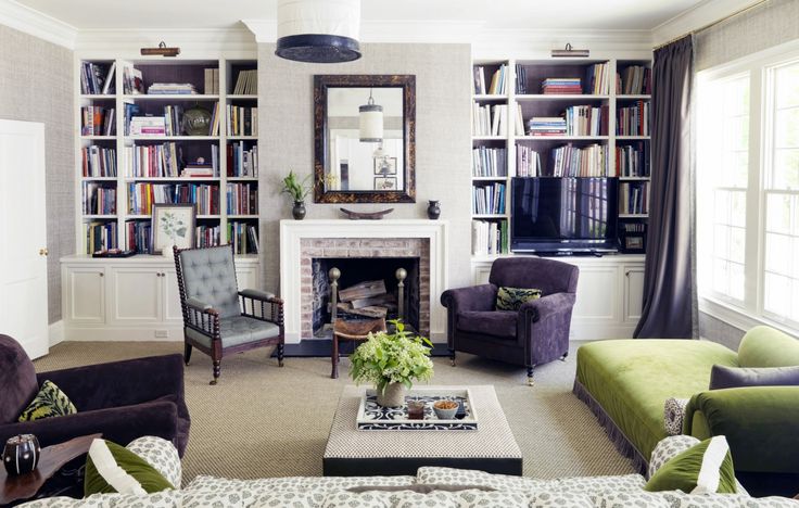 living room with purple and green color scheme