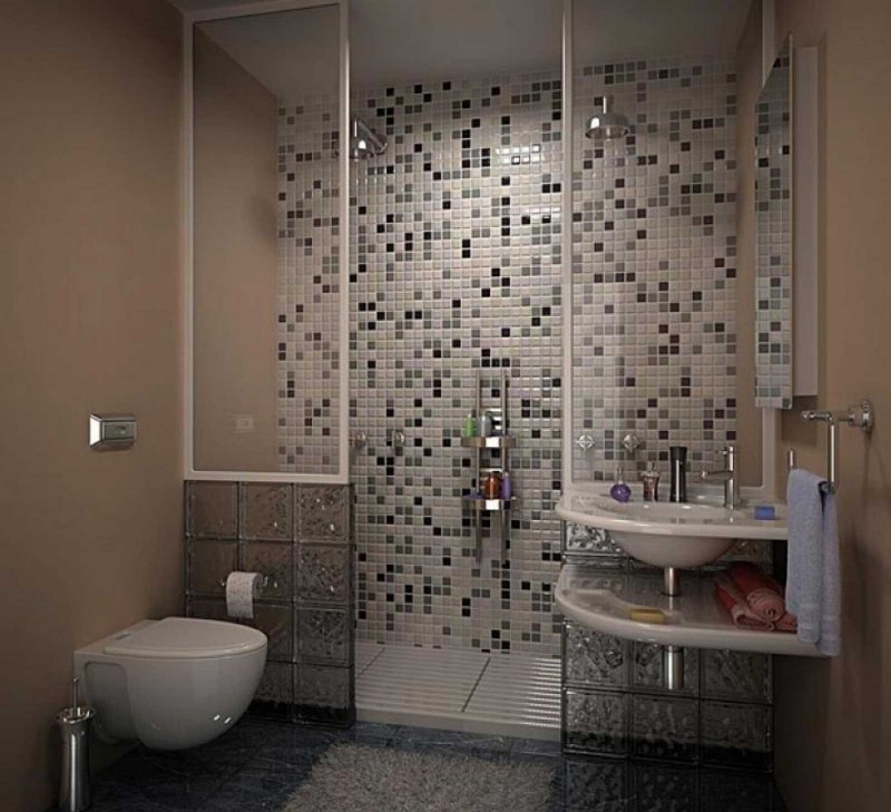 bathroom with multi colored ceramic tiled wall