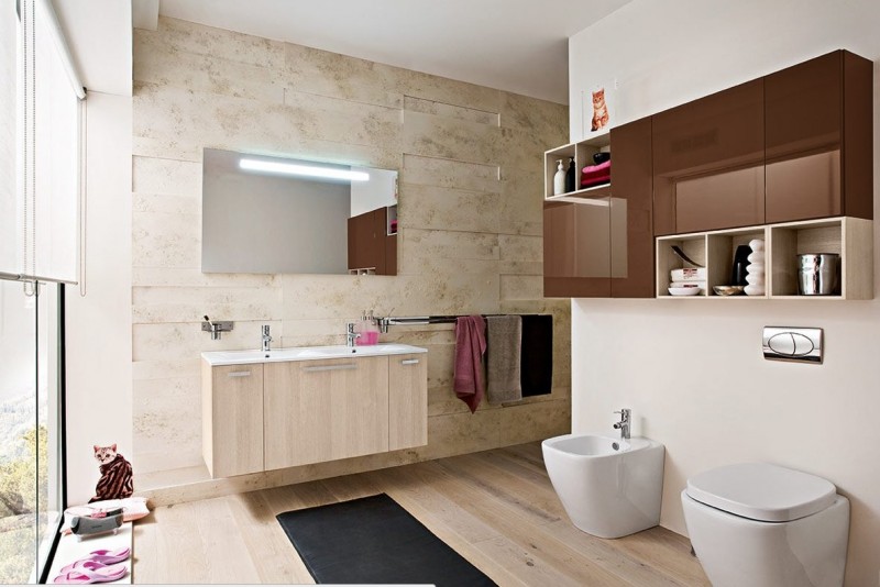 modern bathroom with unique shelves