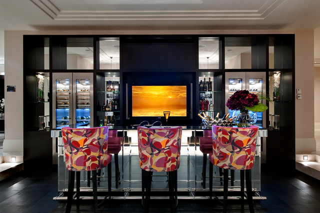 creative home bar with colorful stools