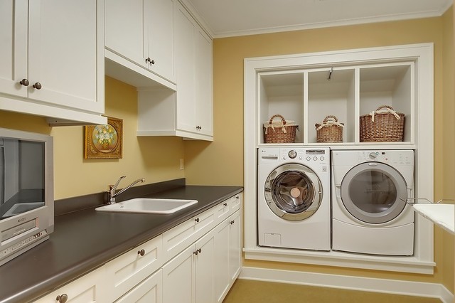 Seattle craftsman laundry room with mustard walls