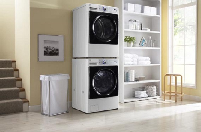 Laundry Room Organization Ideas Modern Washing Machine White Racks Amber Wall