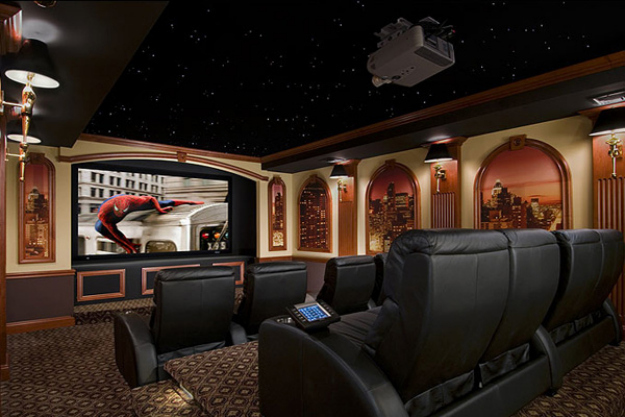 home theater with black leather seat