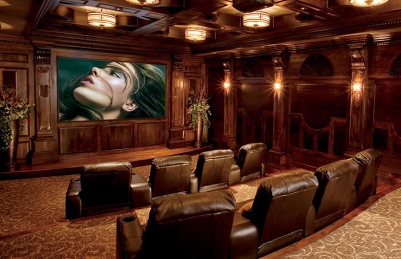 home theater with large leather seats