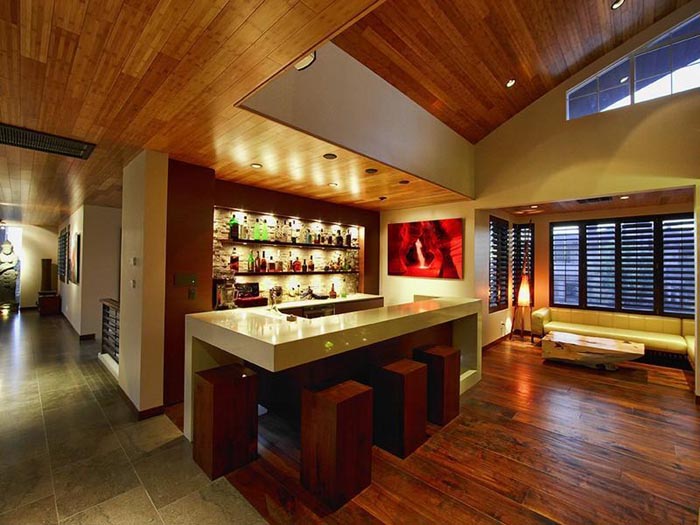 bar with simple wooden stools