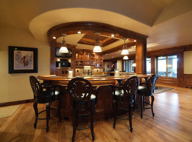 custom wooden bar with chair stools