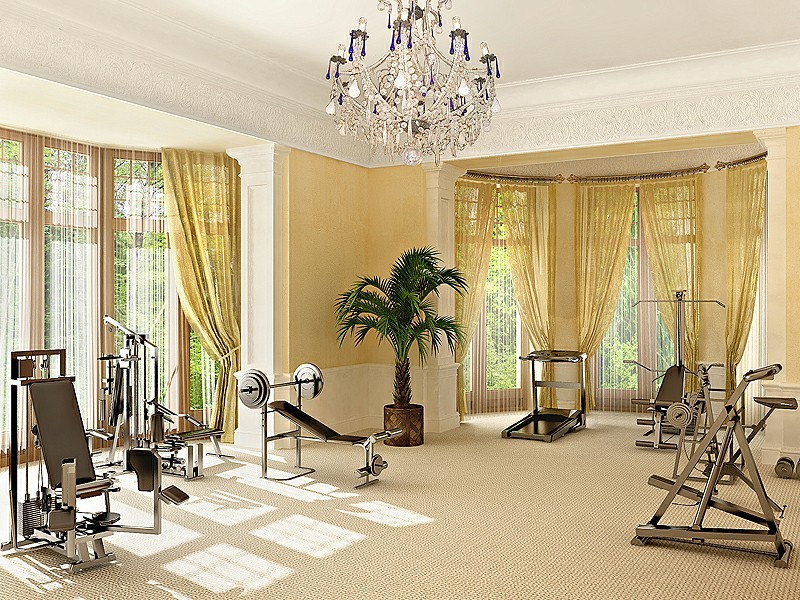 home gym with chandelier