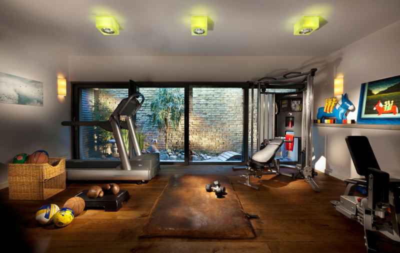 home gym with wood floor