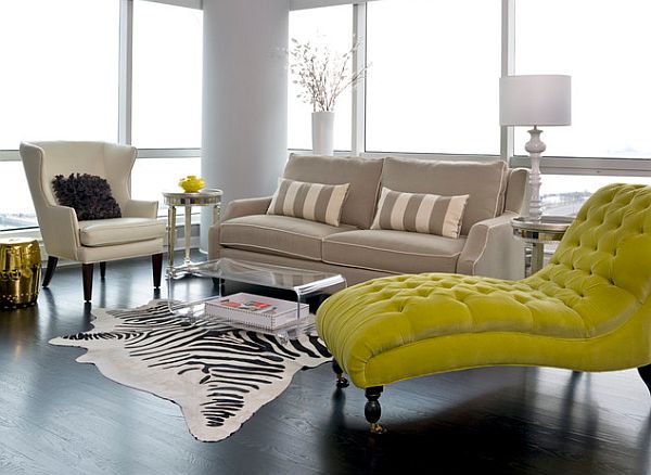 living room with lime green chaise lounge