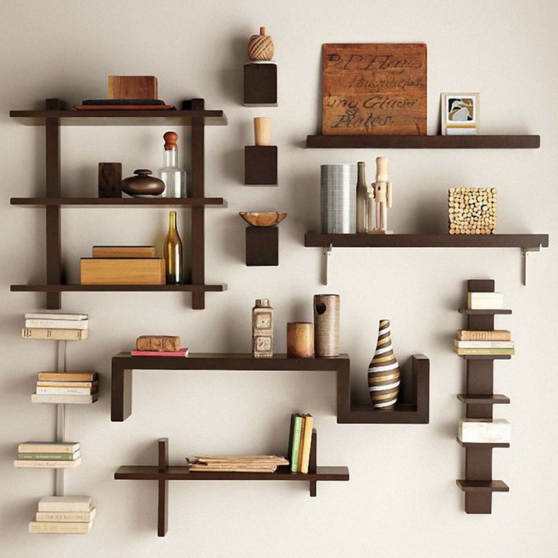 living room floating shelves with various designs