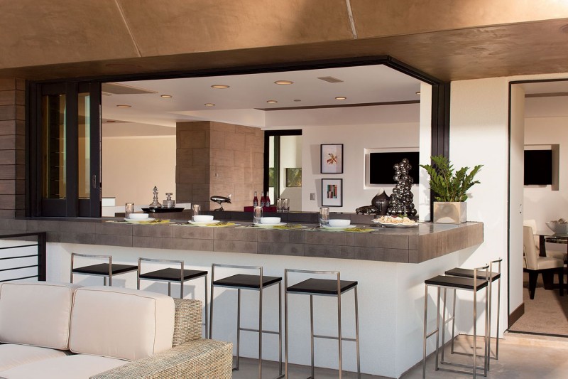 Luxury Home Bar With Minimalist Concept With Elegant Design Equipped With Square High Bar Chairs