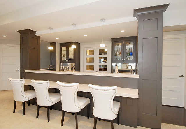 modern home bar with high back chairs