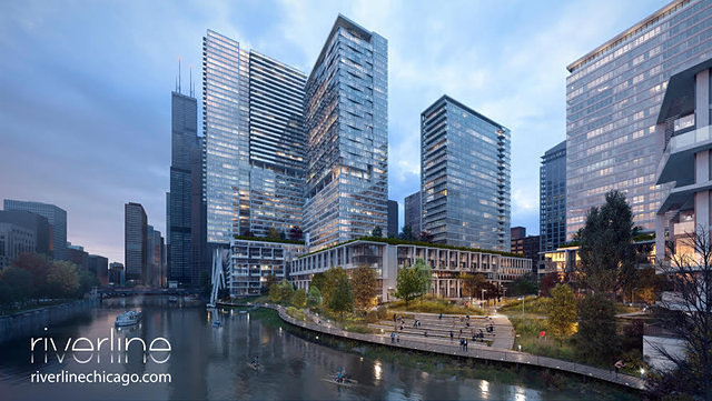 view of Chicago skyline by the river