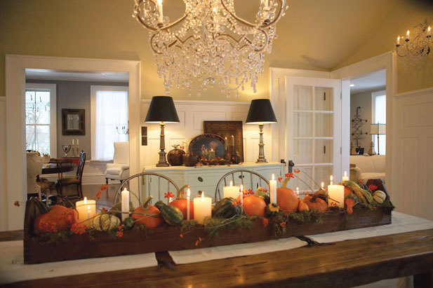 Dining room with fall themed table decorations