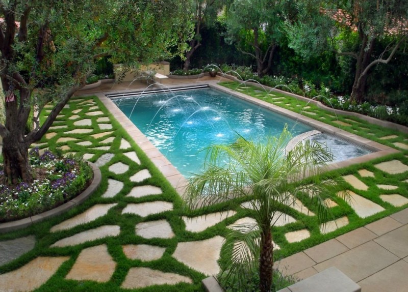 backyard swimming pool with grass pattern