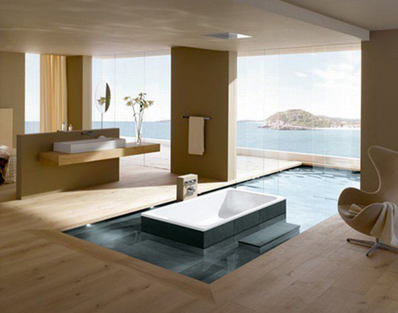 modern bathroom with water around tub