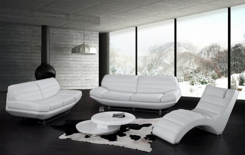 All white living room with white leather chaise