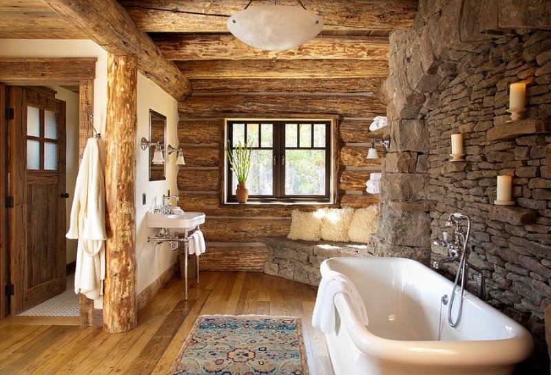 rustic bathroom with stone walls